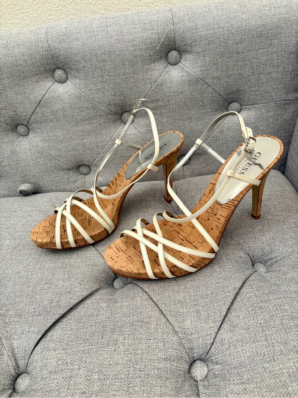 Guess White Cork Strappy High Heel Off-White Stiletto Sandals